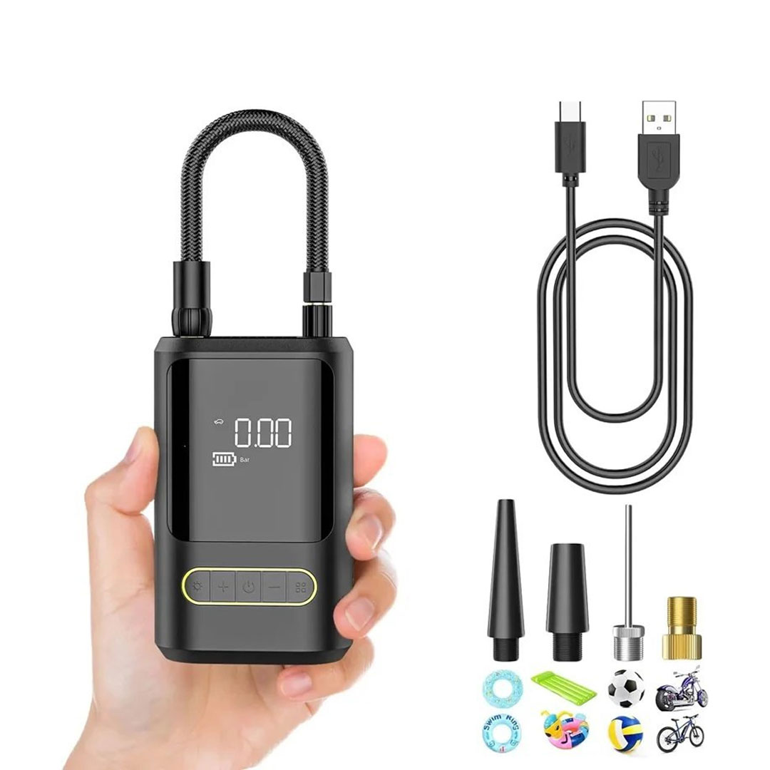 پمپ باد هوشمند شارژی تایر خودرو مدل ATJ‑8466 با چراغ قوه LED